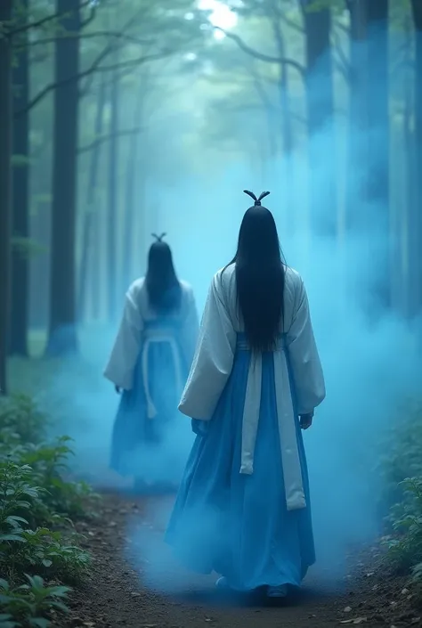 Injured men wear white and blue hanfu walk in silent forest with most blue smoke aura around his body. His hair is long colour balck and white at end of hair without any tie