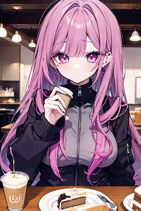 One girl、Mature、Ample breasts、Long Hair、 cropped bangs 、Straight hair color 、 long lashes、dark pink purple hair、 gray half zip、ennui、Earrings、Cafe、Eat cake、coffee