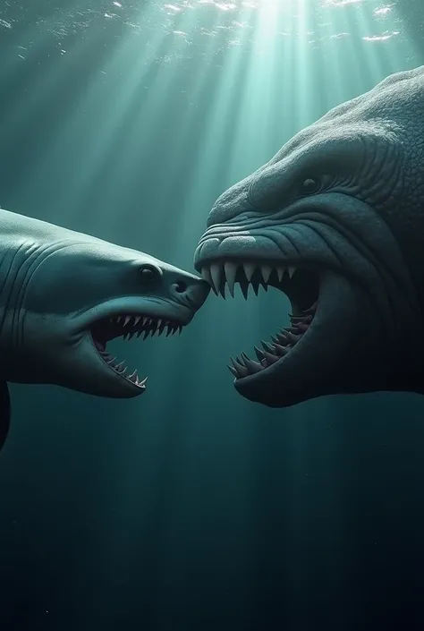 . Heres a Prompt for an ultra-realistic image of a shark and a whale in a confrontational pose:

" An ultra-realistic image showing a shark and a whale next to side in an aggressive confrontation . The shark,  with her slender body ,  textured gray skin an...