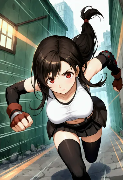 , (Masterpiece),(Best Quality),source anime,(ultra detailed),(Recent),official style,,BREAK  1girl, Tifa Lockhart, Final Fantasy,(beautiful). Black Hair, Long hair tied low, Red eyes, bangs, White tank top, belt, Pleated Skirt , Thigh length, Elbow fingerl...