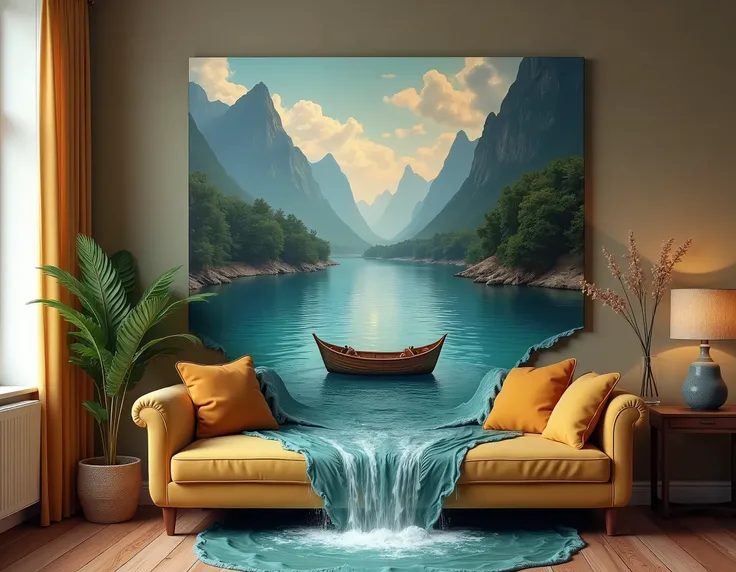 A surreal photograph of a river floating out of an oil painting on a living room wall and spilling over a couch and the wooden floor. The painting depicts a tranquil river between mountains. a ship gently bobbing in the water and entering the living room. ...