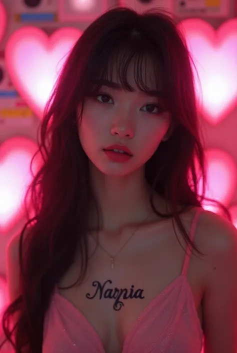 1 Kpop girl With y2k vibe long hair with bangs and surround by hearts  and electronics beri tato di dada NARNIA 