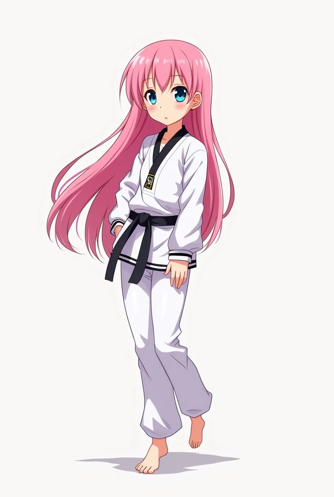 A cute, long-haired, pink-haired anime girl in a white taekwondo suit continues to fart