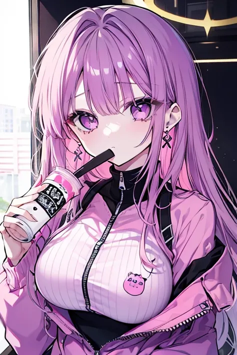 One girl、Mature、Ample breasts、Long Hair、 cropped bangs 、Straight hair color 、 long lashes、dark pink purple hair、 gray half zip、ennui、Earrings、Drink royal milk tea frappe