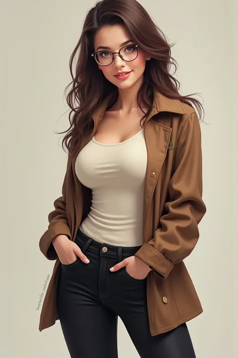 Cute girl with medium butt and breast in a tight shirt with a brown vest that is opened with black jeanes with cute glasses and she looks 16