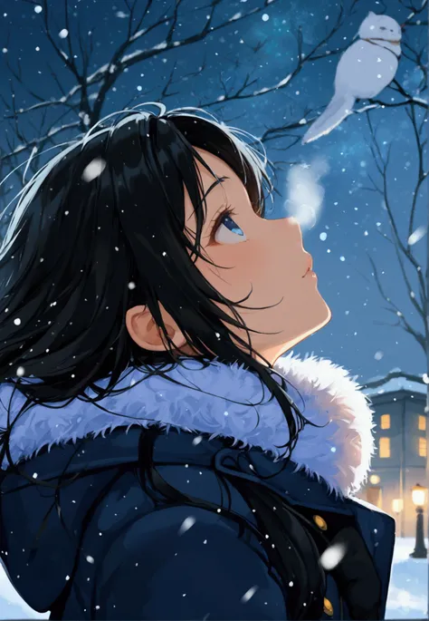  Looking up at the night sky 、Girl in her 20s、Black Hair、 long hair、polar star、White Breath、Wearing gloves、Im wearing a navy blue winter jacket、