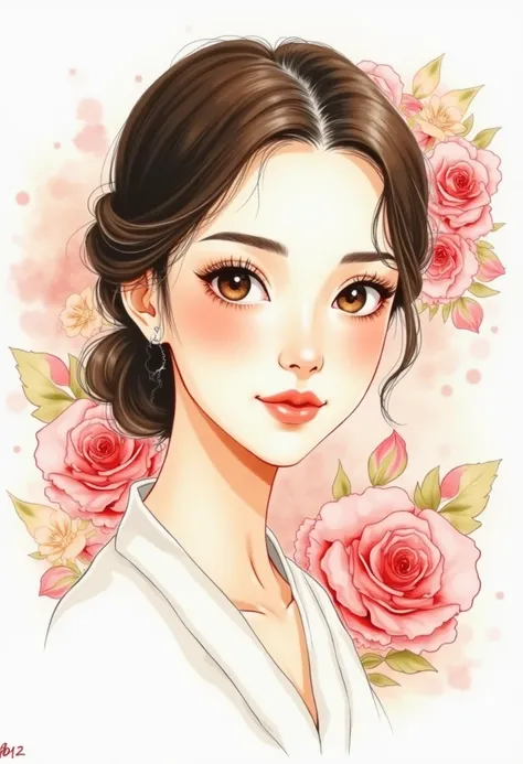 A watercolor illustration of Ayano Fujisaki, a 48-year-old Japanese idol with a gentle, confident smile. Her round face, taut skin, and warm brown eyes with fine laugh lines reflect kindness and maturity. She has a refined nose and full lips, and her natur...