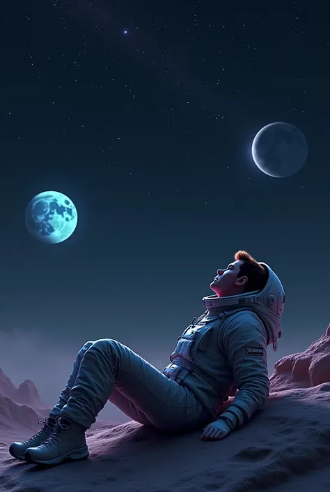 realistic 3d drawing.  View of a man sitting on his back , with spacesuit, without helmet, Looking up at the sky . Sky is black full of stars ,  with shades of blue and lilac , with two moons .

 Put the playlist as below in the lower left corner

1) Openi...