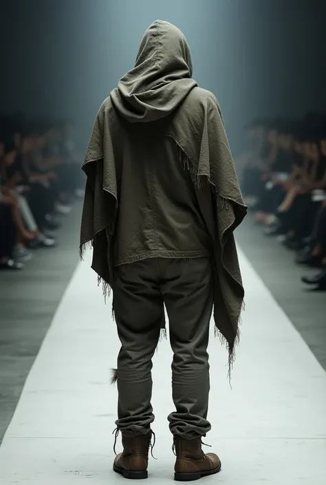 Back view of a person dressed like a beggar on the runway