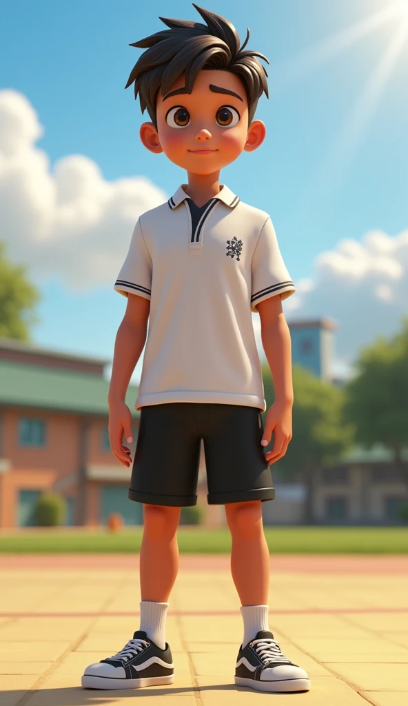 Create a 3D full body, Pixar style, Shogun, 17, smart teenager, a positive thinking student, sharp eyes, has medium short dark brown hair, wearing school white collar shirt, Black school shorts, wearing Black school canvas shoes. He is a star on the footba...