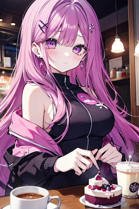 One girl、Mature、Ample breasts、Long Hair、 cropped bangs 、Straight hair color 、 long lashes、dark pink purple hair、 gray half zip、ennui、Earrings、Cafe、Eat blueberry cheesecake、coffee