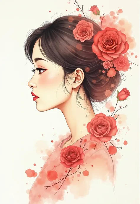 A side-profile watercolor illustration of Ayano Fujisaki, a 48-year-old Japanese idol with a poised, serious expression. Her round face, refined nose, and full lips are rendered in an elegant profile that captures her mature grace. Abstract rose motifs flo...