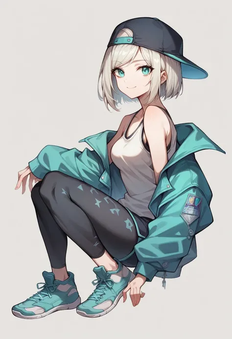 1girl, solo, full body, medium hair, bob cut, swept bangs, platinum blonde hair, aqua eyes, pale skin, confident demeanor, wearing a stylish baseball cap, (jacket, slightly oversized), (tank top, color: coral), (shorts, high-waisted), (leggings, patterned)...