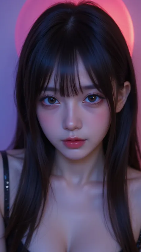 asian high school girl with long straight black hair and a fringe in the middle of the forehead, with big eyes and huge eyelashes, extremely thin body worrying, funds on the cheek, super thin eyebrows and thin nose, Lewd, (porcelain doll), horny, sexual ga...