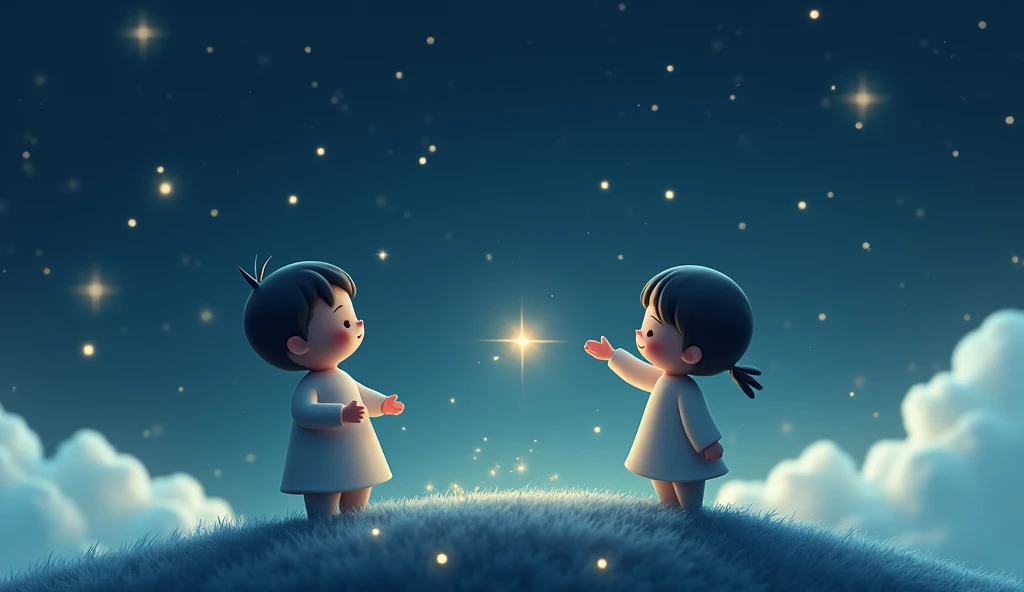 Generate cartoon image in 3D based upon this prompt: "Two figures are shown looking at each other from afar, like the moon and stars in the night sky. One stands on a hill, reaching out slightly, while the other watches from a distance, a soft smile on the...