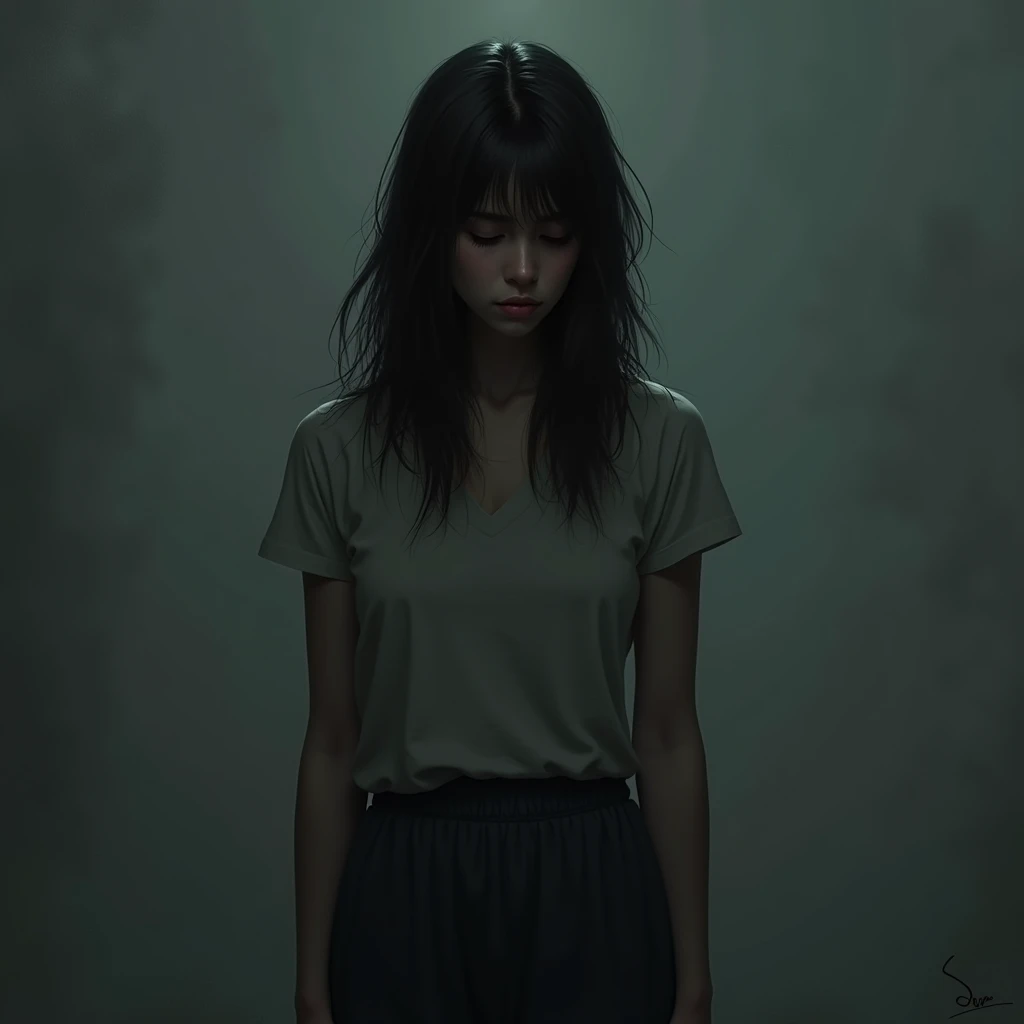 Prompt : "An image of Sara standing alone, looking down with a defeated expression. Her shoulders are slightly hunched, and the lighting is soft but subdued, symbolizing her lack of confidence and feelings of weakness."