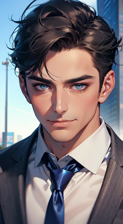 (Highest quality,4K,8K,High resolution,masterpiece:1.2),Super detailed,(Realistic,photoRealistic,photo-Realistic:1.37),1 personld,Mature Men,Beautiful skin、very handsome,Expressionless,smile,Short grey black hair,blue eyes,Sharp Eyes,A perfect face without...