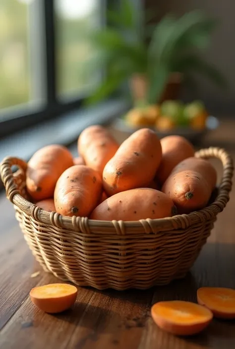 "A basket filled with multiple fresh sweet potatoes placed on a modern wooden table. The sweet potatoes have a natural, earthy texture with visible details on the skin. The basket has a rustic woven design, and soft natural light shines from the side, cast...