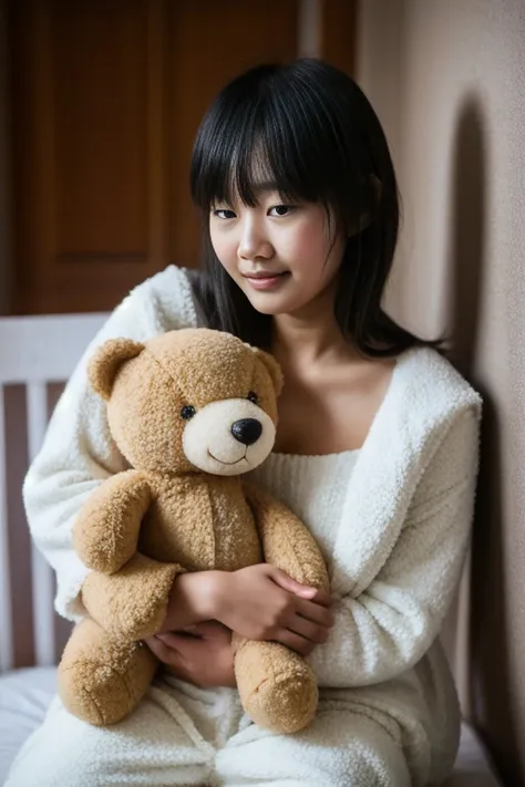 photographed with: close-up shot, shallow depth of field, soft lighting
a asian small chest girl (js) wearing a light-colored , ...