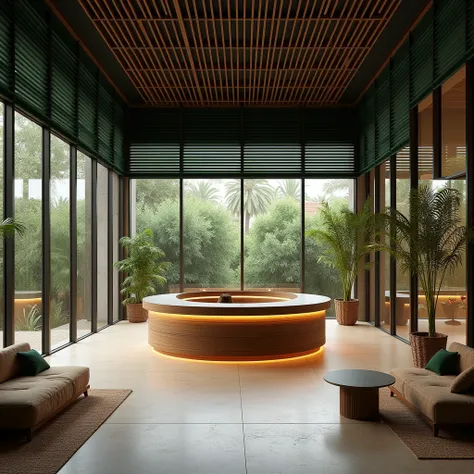 Design a luxurious, tropical desert-inspired reception area for a resort in Rajasthan, India. The space, located in a square-shaped 12 x 12-meter building, is enclosed by expansive glass walls on all sides, allowing natural light to flood in. Dark green lo...