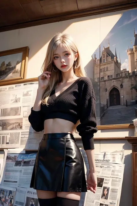 1 woman, long hair in the castle, blonde hair, bangs,  black sweater,v-neck,leather skirt, black thigh socks , brown eyes, stand...