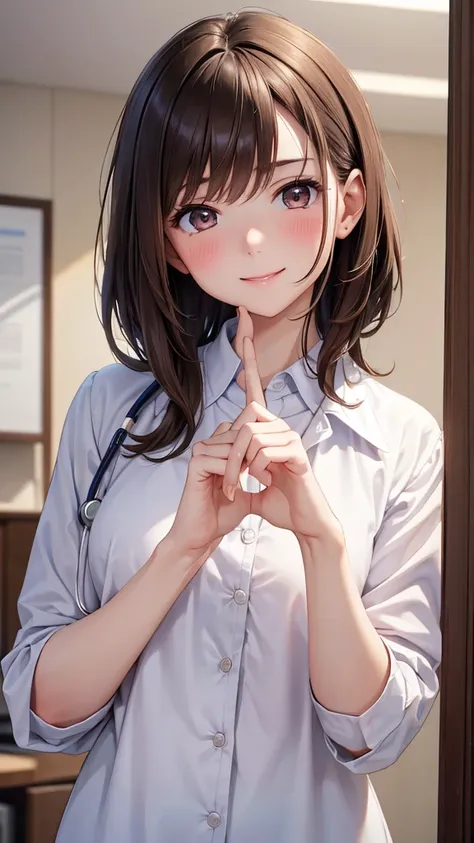 Best Quality, masterpiece,   ultra high resolution, Brown Hair、 medium hair、Small breasts, Highly detailed skin and facial textures:1.3, Limb details,  1 girl,  cute woman , doctor uniform, smile, blush,natural makeup, Perfect Fingers、