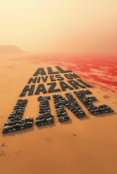 Create an image of a vast desert landscape with numerous cars arranged to from the text ALL EYES ON HAZARI LINE, signifying a significant event or gathering in hazari line that is attracting widespread attention. the scene short illustrate the extent and i...