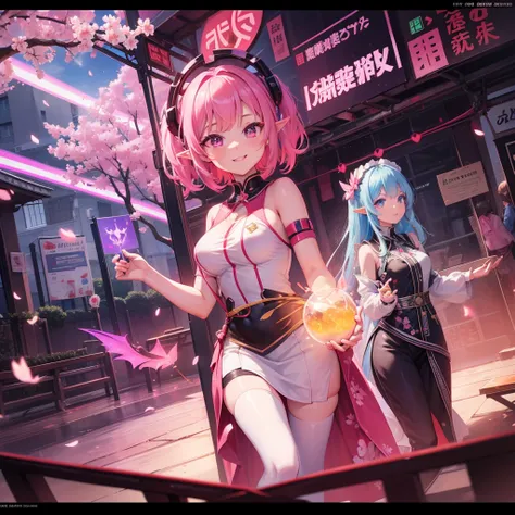 Elf woman in her 30s（Maid clothes（Phoenix dress）　insignia　）　cherry blossoms（bar　Rainbow-colored light is swirling　hologram）　cyber punk　multiple monitors behind（Distribution screen　anime）　smile　hell gate）poster、Dragon
