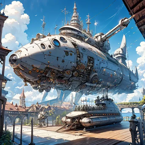 a robot , submarine, rocket,(masterpiece, best quality: 1.2),，,(( fencer)), ((fencing)), fantasy,Disney style（（masterpiece full of fantasy elements）））， （（best quality））， （（Intricate details））（8k）,on the roof of train