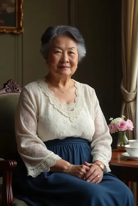 a 60 year old grandmother, warm tan skin with wrinkles, short black hair with grey streaks, large build, wearing a beautiful white lace long sleeve dress and elegant navy blue long skirt, sitting properly in a louis chair, table with tea set and flower vas...