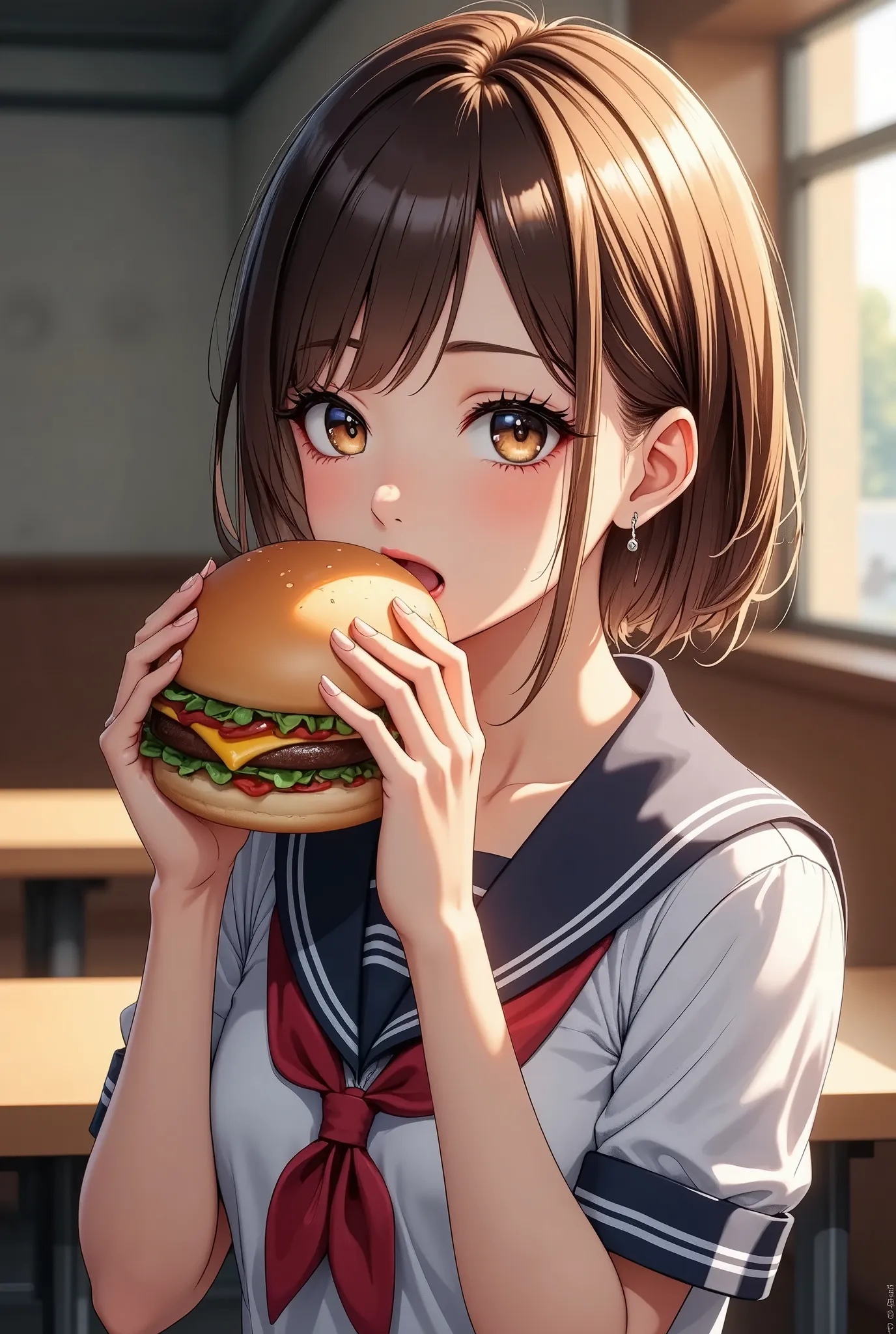 A cute schoolgirl, beautiful detailed eyes, beautiful detailed lips, extremely detailed face, long eyelashes, school uniform, eating a hamburger, detailed realistic texture, warm lighting, natural setting, cinematic composition, vibrant colors, photorealistic, 8k, highres, (best quality:1.2), (realistic:1.37), masterpiece