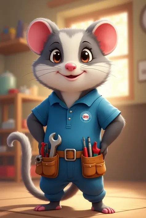 Design an anime-style possum mascot for a home repair company that is wearing a blue polo shirt and a belt with tools 