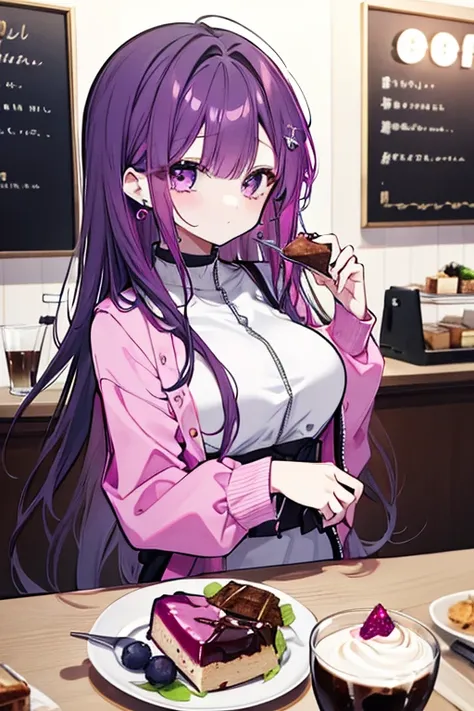 One girl、Mature、Ample breasts、Long Hair、 cropped bangs 、Straight hair color 、 long lashes、dark pink purple hair、 gray half zip、ennui、Earrings、Cafe、Eat a blueberry parfait、coffee