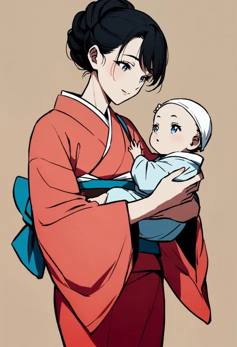 Make an anime picture of a woman holding a baby wearing a kimono