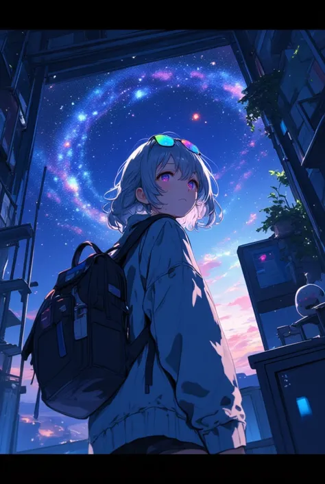  Anime Artwork, Front View,  a girl with silver hair and colorful sunglasses is turning to the viewer,  she has a backpack on her back , It happens in the middle of the night in her modern bedroom ,  the entrance to another world is open to her room 