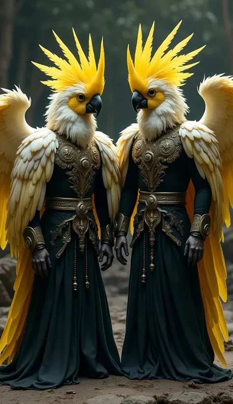 Feathered black and yellow cockatoos feather Angels, long soft detail feather, archangel of darkness armor