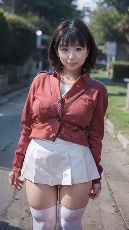 japanese milf,55 years old, white skin,(plump body, big chest, plump thighs:1.5),(red bowtie,brown cardigan,red skirt,pleated sk...