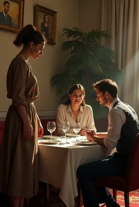 The wife is poorly dressed in a restaurant standing near the table where her husband and lover eat