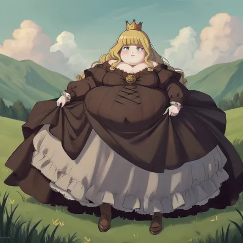 Beautiful Queen,obesity, Wear a Gold Crown ,full body,
With grassland in the background,
 Abigail Larson, achromatic ,
masterpiece,  ultra high resolution,  high quality,