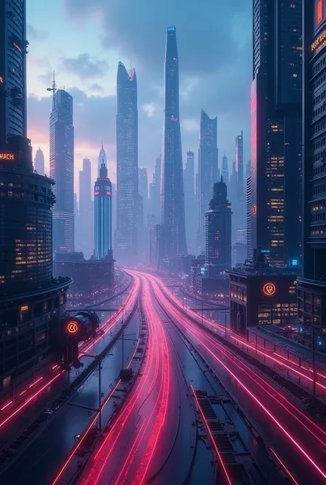 A very clear ultra HD dinamic images of Futuristic Cityscape: A vibrant, high-tech city skyline in the background, showcasing advanced architecture with glowing elements and digital displays.