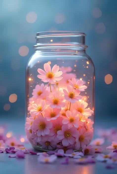 Macro close-up shot: A delicate collection of small, colorful flowers floating inside a crystal-clear glass jar, creating an ethereal and serene scene. Soft, diffused lighting highlights each petal, giving the flowers a gentle glow. The camera slowly rotat...