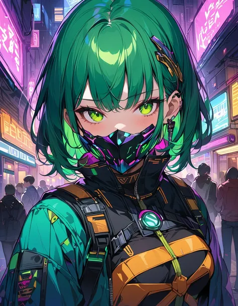 Cyberpunk theme、 upper body、dark green hair 、 Medium Hair 、Cyber Design Mask 、 Cyberpunk Costume 、 Neon Lightの様に発光するジャケット、midnight、midnightのネオン街、 Neon Light、masterpiece、Best Quality、Super detailed、Very absurd、 complicated details、 highly detailed skin 