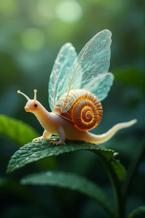 A snail with the transparent wings and slender body of a dragonfly, leaving a shimmering trail across leaves.