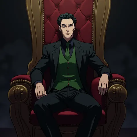 a throne, a Loki in a black suit , green vest, black shirt, green tie and short hairstyle is sitting on it ,  next to him is the scarlet witch with her typical crown sitting on the armrest,  Anime style, dark stage