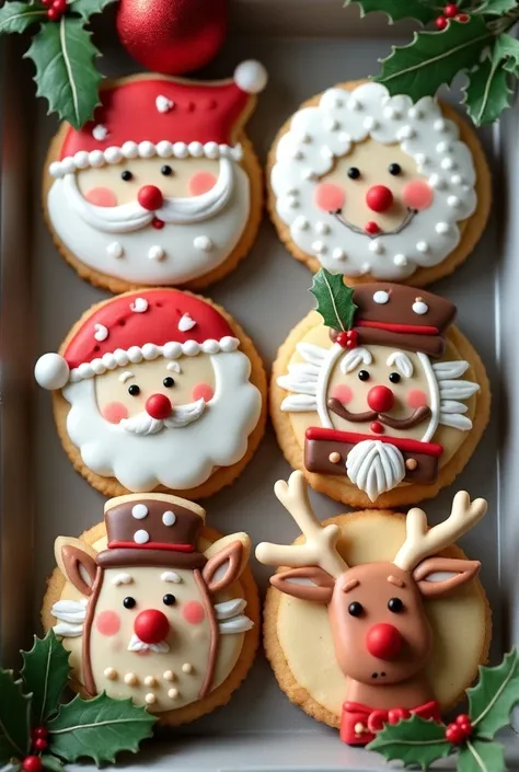 4 round-shaped cookies on a tray decorated with ROYAL icing technique for Christmas motifs with the face of Santa Claus,  snowman , Perfectly decorated Nutcracker and Rodolfo the Reindeer, Let them all look clear from above  