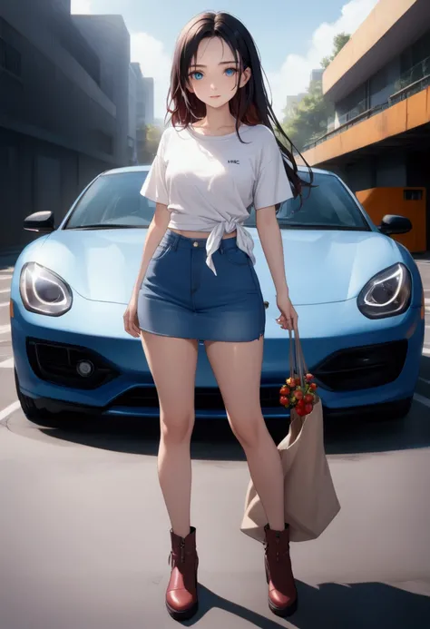 beautiful black hair woman, smiling and standing pose in front of car, holding tote bag, nice blue sky, she is in long straight hair (+forehead), wears white crop t-shirt (tied shirt tail), denim pencil mini skirt, ankle boots, BREAK, (1girl, solo, full bo...