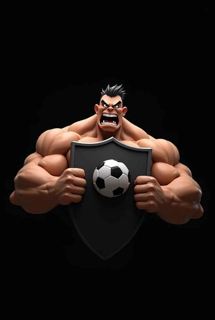 A muscular and angry animated character embracing a soccer shield not a soccer ball with a black background, Half-body only