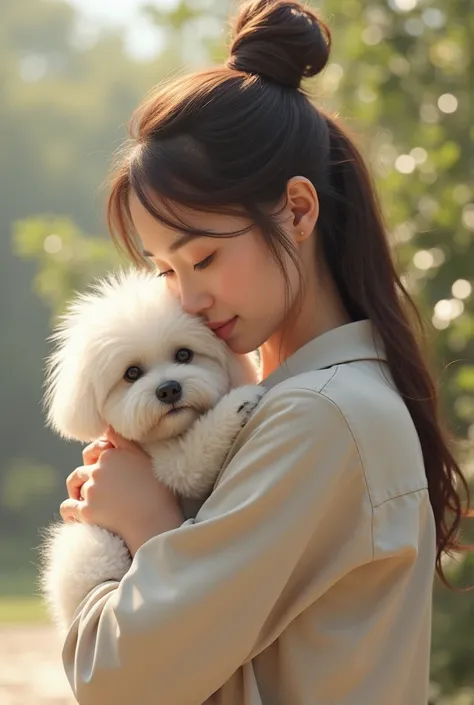 Woman carrying fluffy white dog