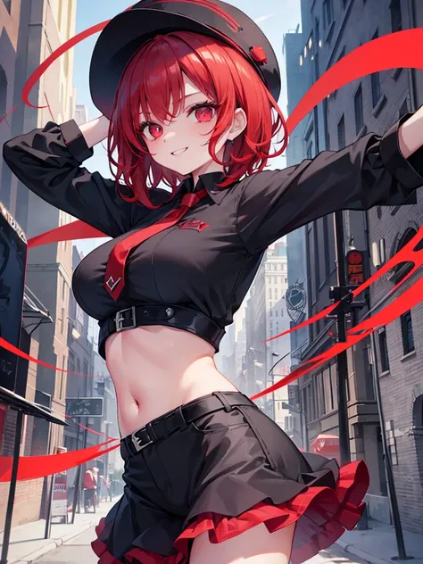 a girl, red eyes, so short red hair not have bangs, noble, mafia.  wavy hair strong woman.  wavy short hair.  vampire eyes. Background in city scenery stage. solo. vampire. arrogant. have red vampire  eyes. smiling expression expression. breakdance pose. w...