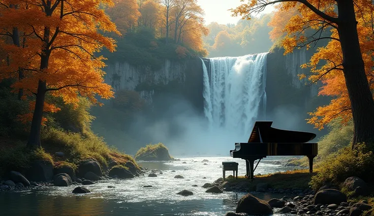 A waterfall flows through a deep forest with autumn leaves. A large black grand piano placed along the river flowing from the waterfall.